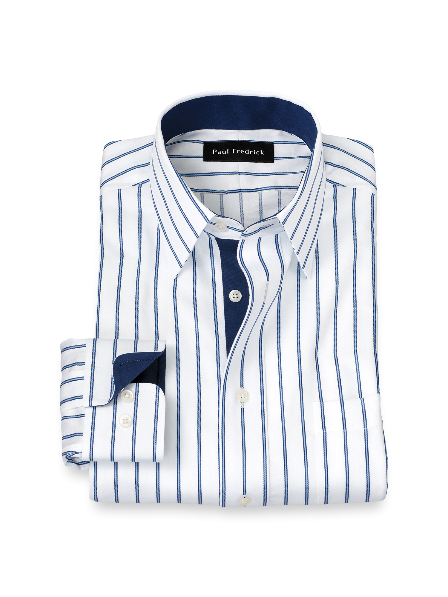 Non-Iron Cotton Stripe Dress Shirt With Contrast Trim - White/blue
