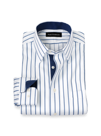 Non-Iron Cotton Stripe Dress Shirt With Contrast Trim - White/blue