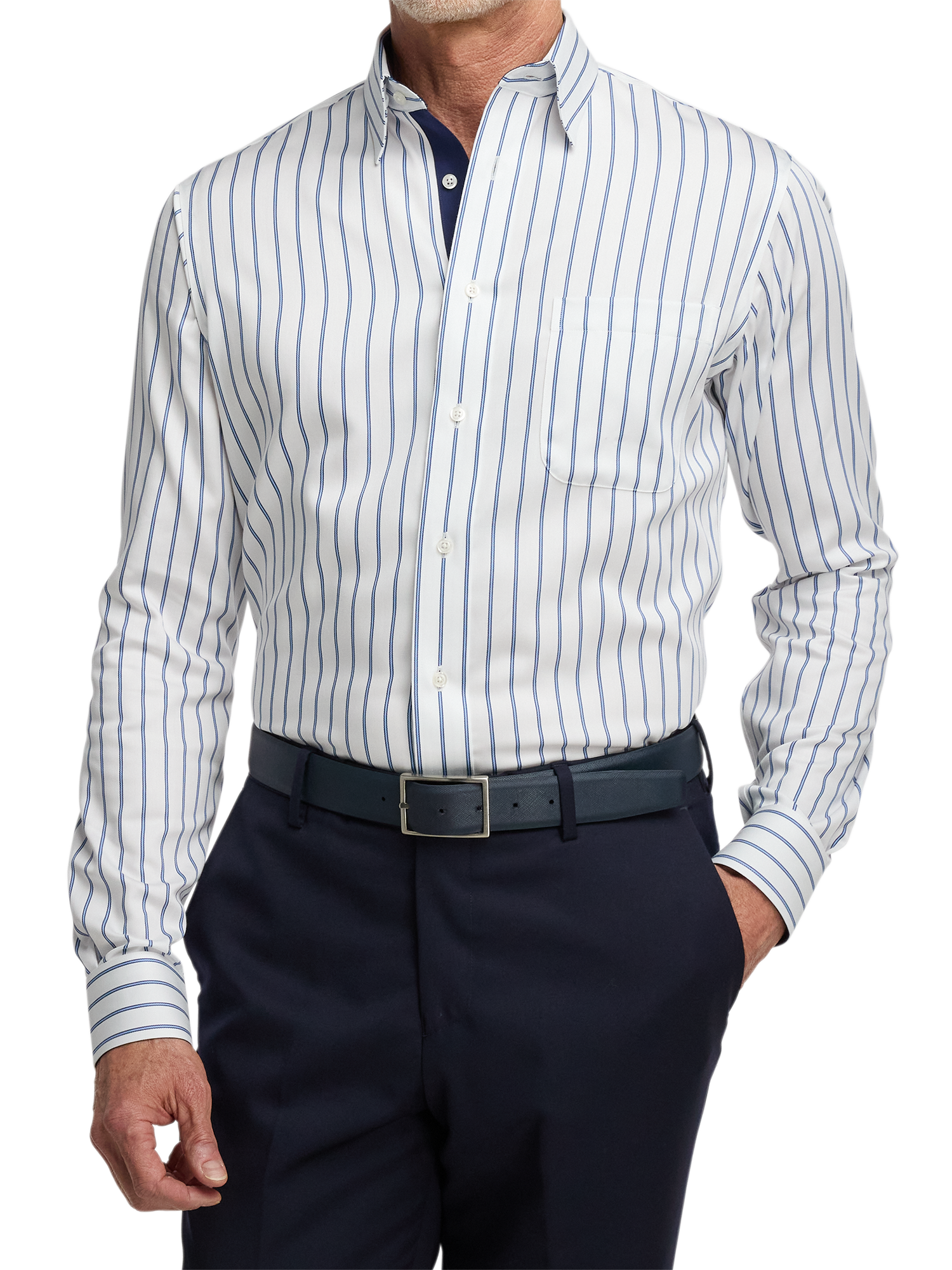 Non-Iron Cotton Stripe Dress Shirt With Contrast Trim - White/blue
