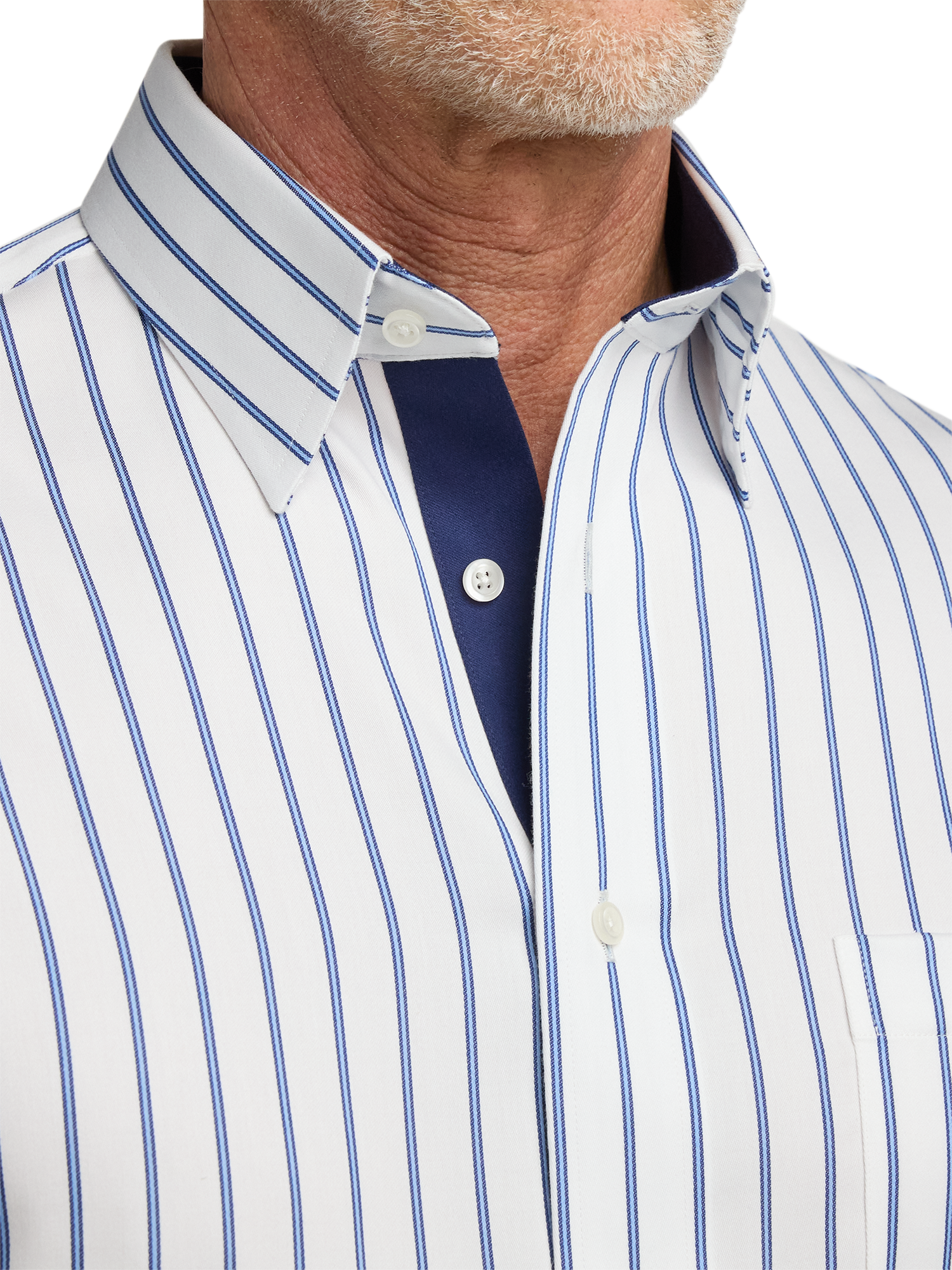 Non-Iron Cotton Stripe Dress Shirt With Contrast Trim - White/blue