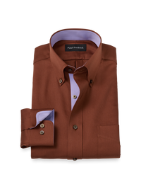 Non-Iron Cotton Solid Dress Shirt With Contrast Trim - Brown
