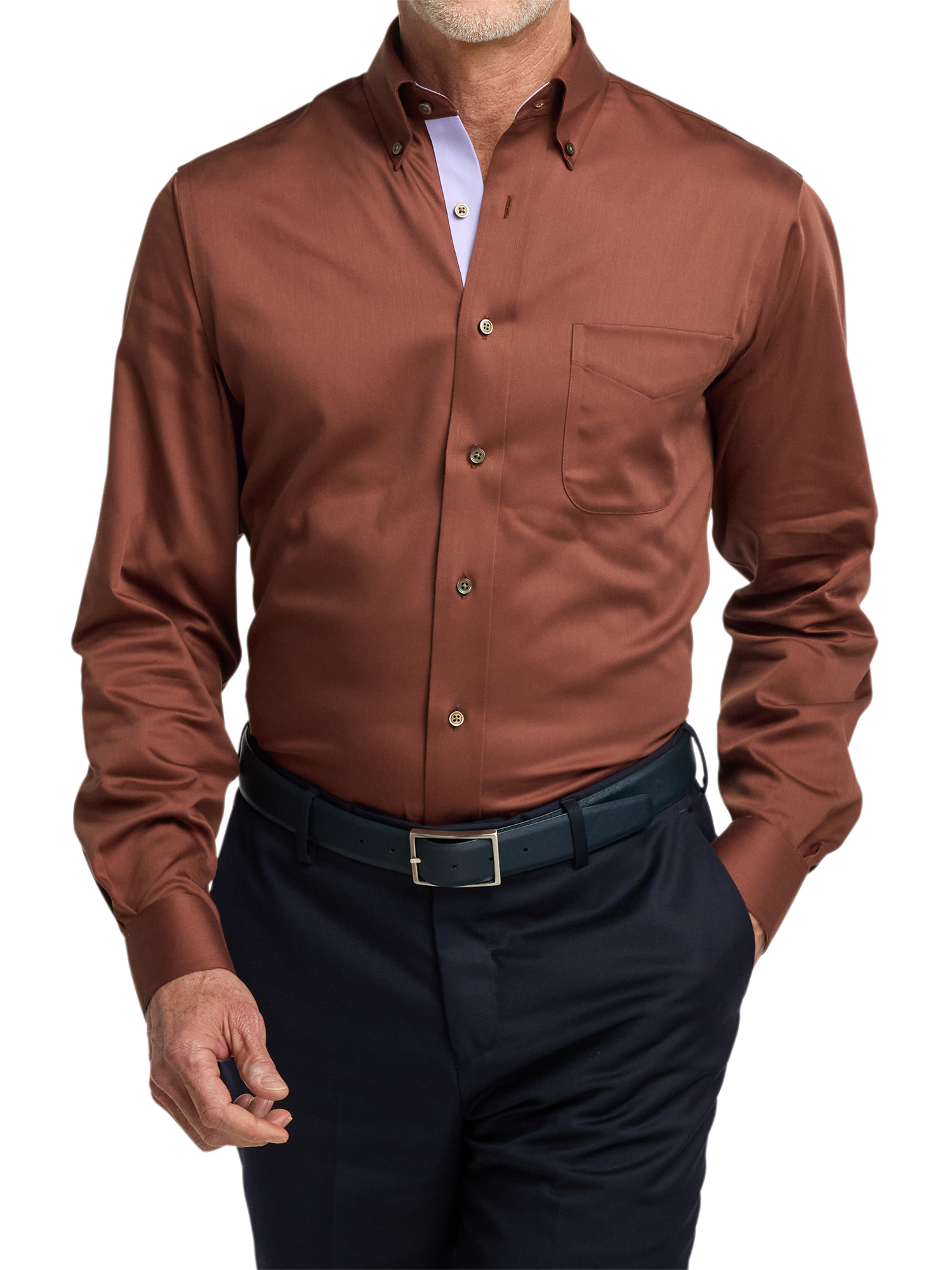 Non-Iron Cotton Solid Dress Shirt With Contrast Trim - Brown