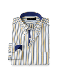 Non-Iron Cotton Stripe Dress Shirt With Contrast Trim - Blue/gold