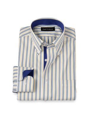 Non-Iron Cotton Stripe Dress Shirt With Contrast Trim - Blue/gold