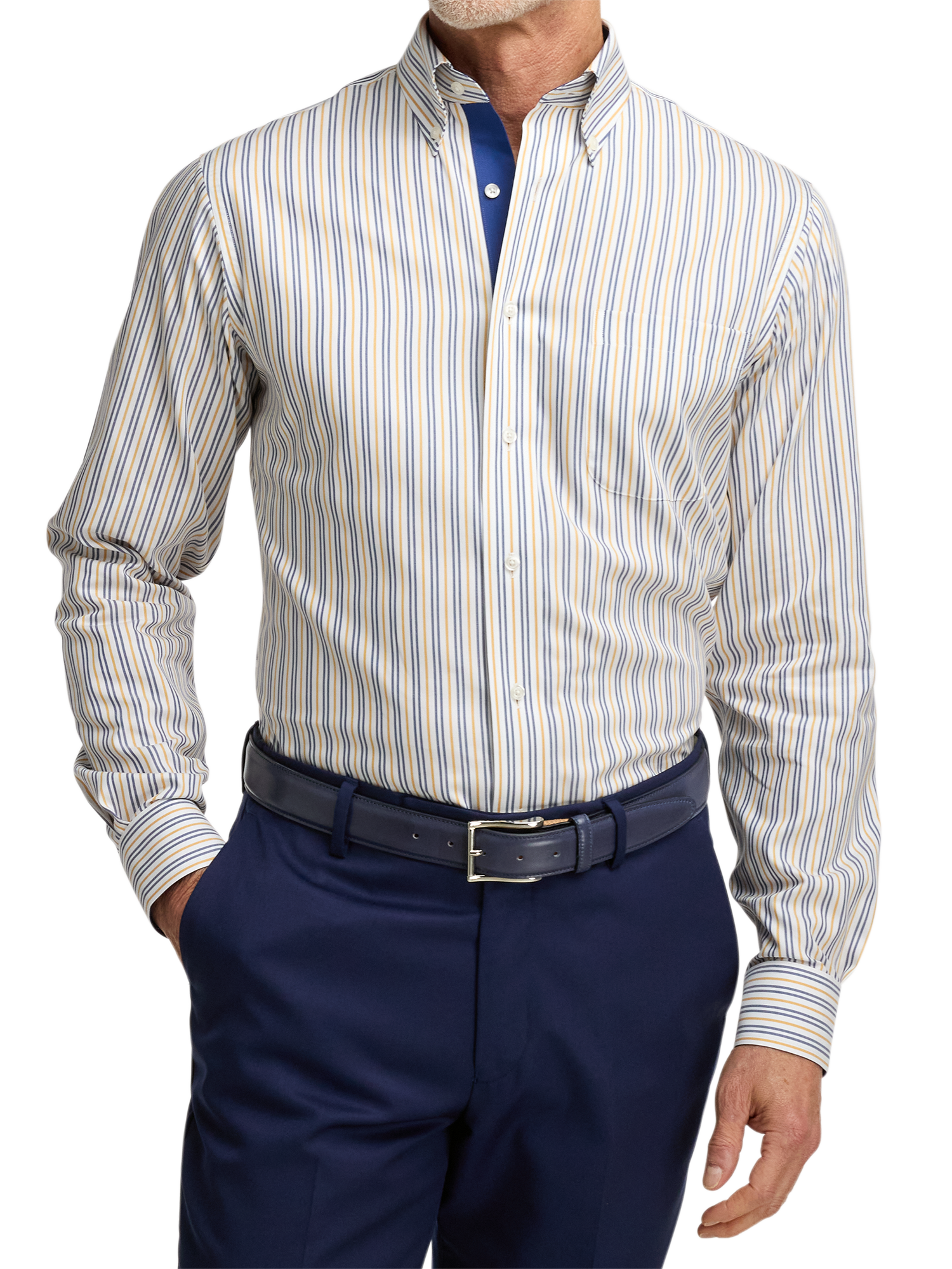 Non-Iron Cotton Stripe Dress Shirt With Contrast Trim - Blue/gold