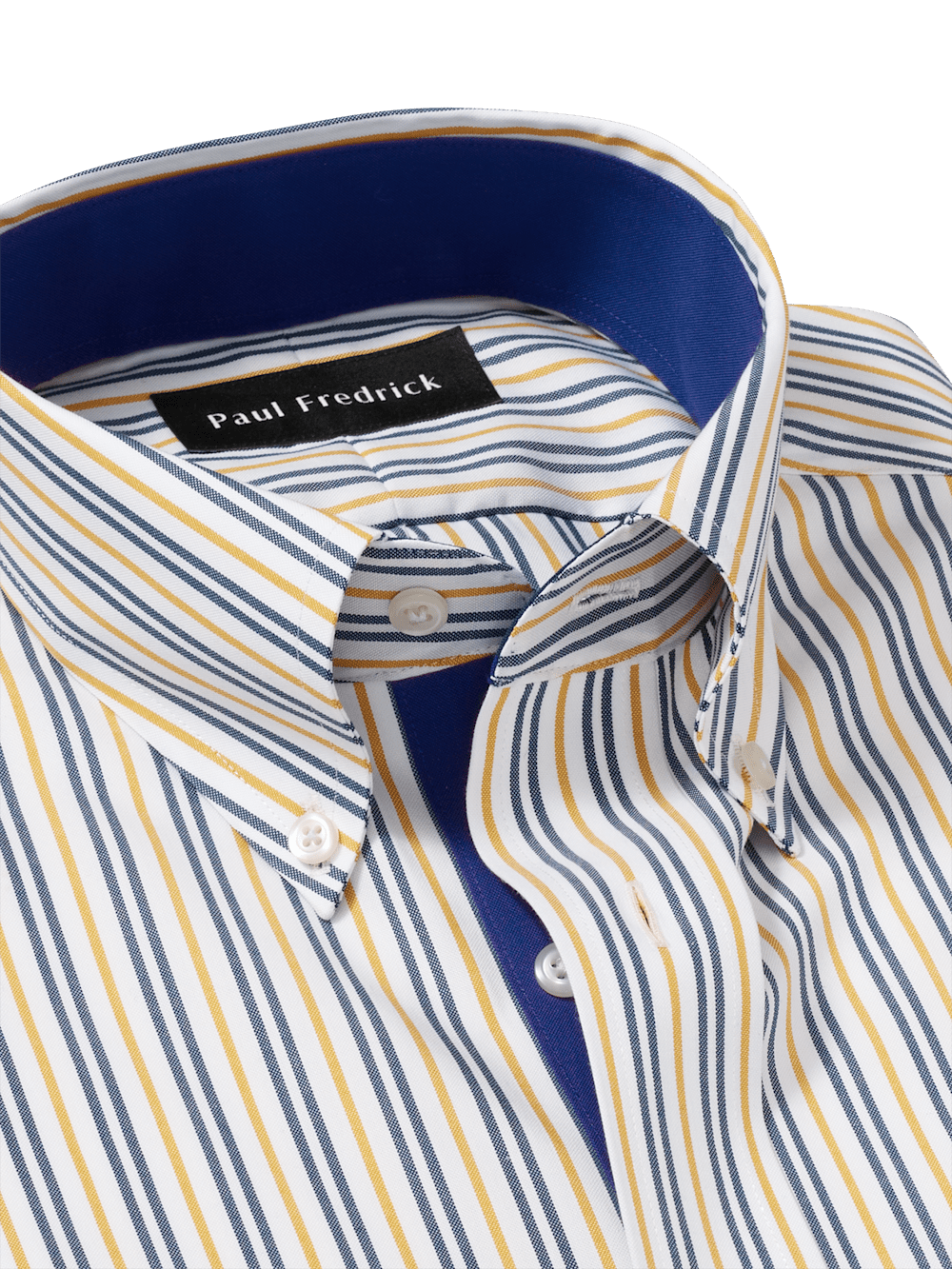 Non-Iron Cotton Stripe Dress Shirt With Contrast Trim - Blue/gold Paul Fredrick Non-Iron Cotton Stripe Dress Shirt With Contrast Trim - Blue/gold Paul Fredrick
