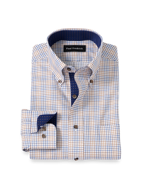 Comfort Stretch Non-Iron Tattersall Dress Shirt With Contrast Trim - Navy/tan