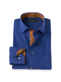Comfort Stretch Non-Iron Dot Dress Shirt With Contrast Trim - Navy/brown