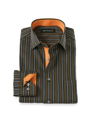 Comfort Stretch Non-Iron Stripe Dress Shirt With Contrast Trim - Black/orange
