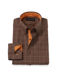 Comfort Stretch Non-Iron Windowpane Dress Shirt With Contrast Trim - Brown/orange