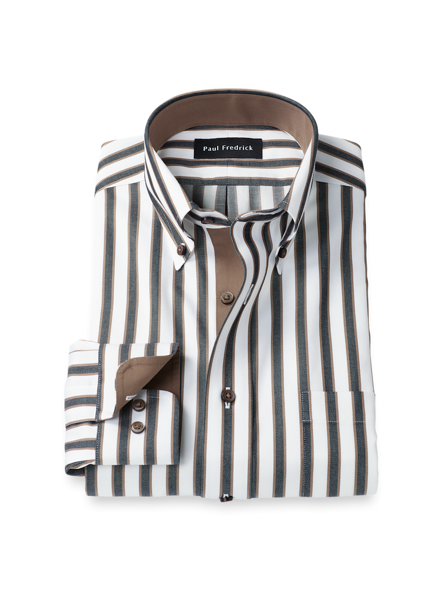 Comfort Stretch Non-Iron Stripe Dress Shirt With Contrast Trim - Brown/white