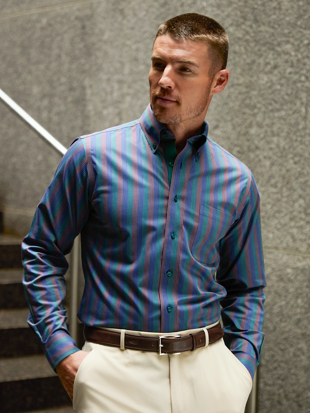 Comfort Stretch Non-Iron Stripe Dress Shirt With Contrast Trim