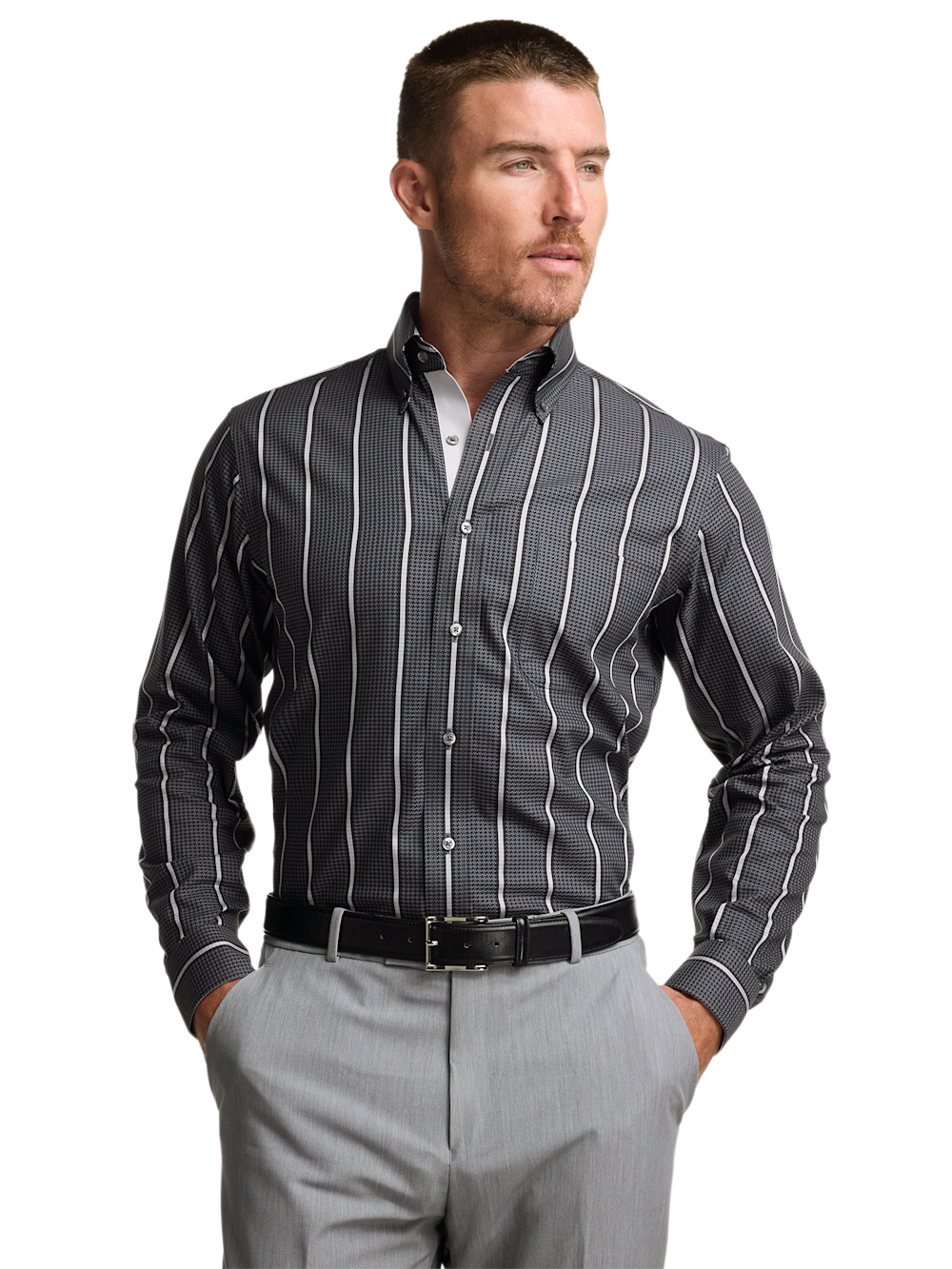 Alternate Image of Comfort Stretch Non-iron Stripe Dress Shirt With Contrast Trim-1