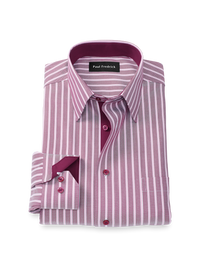Comfort Stretch Non-Iron Stripe Dress Shirt With Contrast Trim - Burgundy
