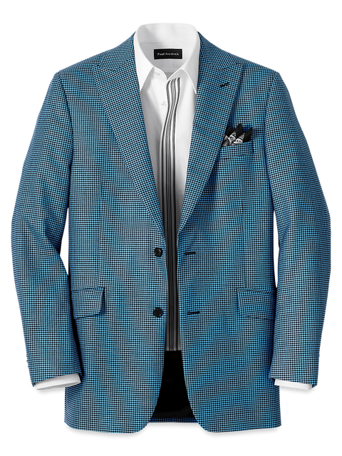 Wool Houndstooth Single Breasted Peak Lapel Sport Coat - Blue