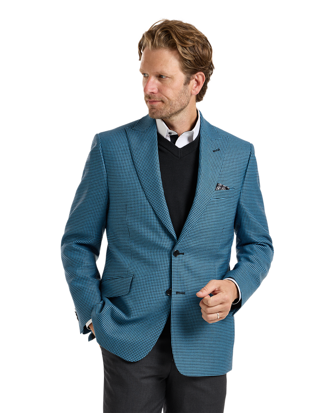 Alternate Shot of Men's Blue/Black Houndstooth Sportcoats  - 2