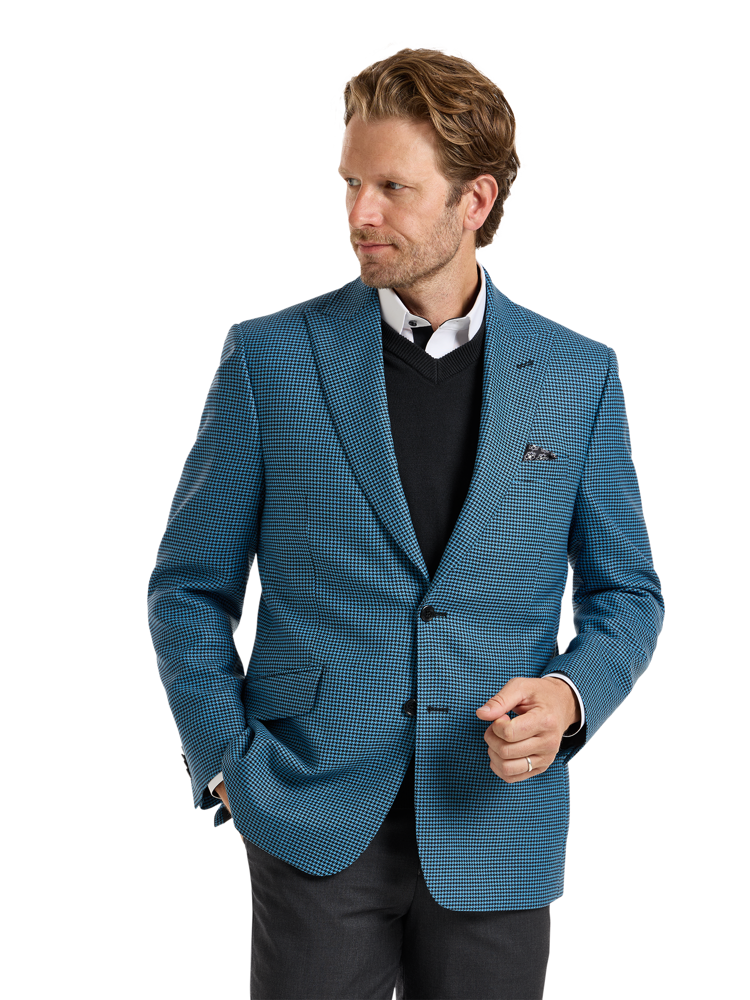 Wool Houndstooth Single Breasted Peak Lapel Sport Coat - Blue/black