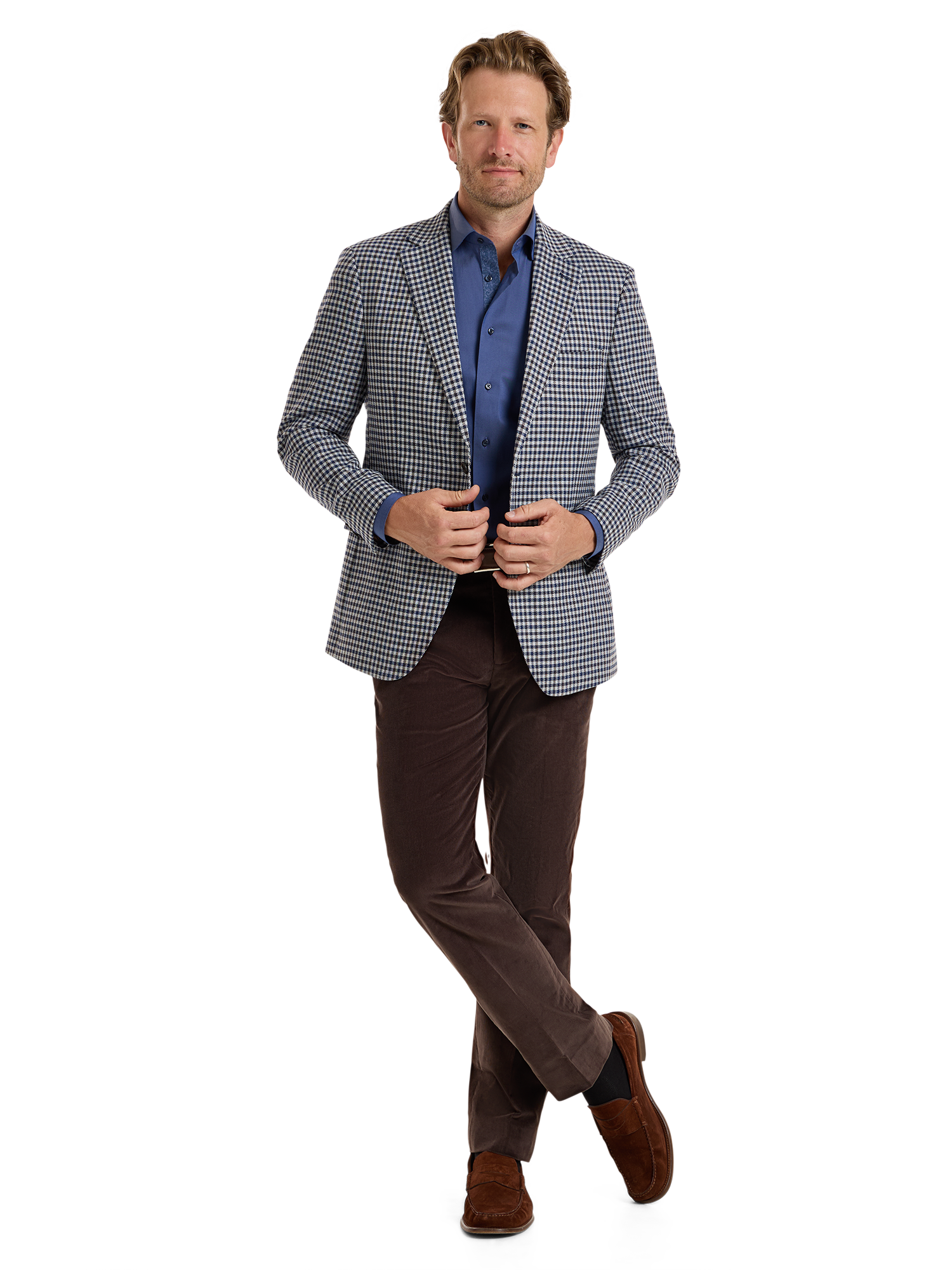 Microfiber Check Single Breasted Notch Lapel Sport Coat - Blue Multi