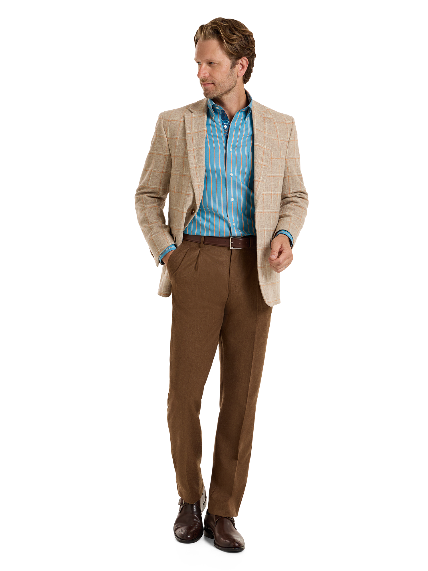 Wool Windowpane Single Breasted Notch Lapel Sport Coat - Tan