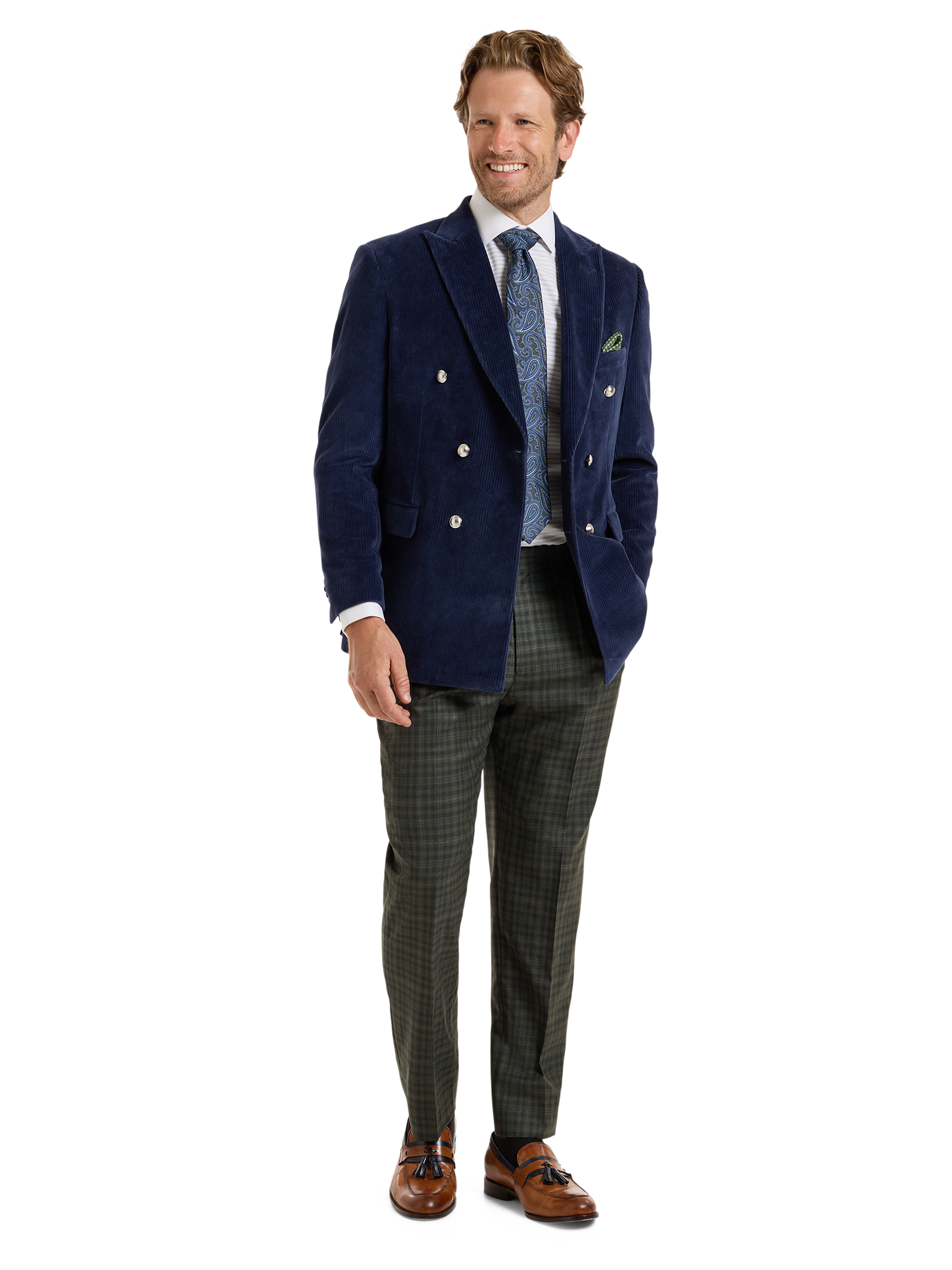 Corduroy Double Breasted Peak Lapel Knit Sport Coat - Blue