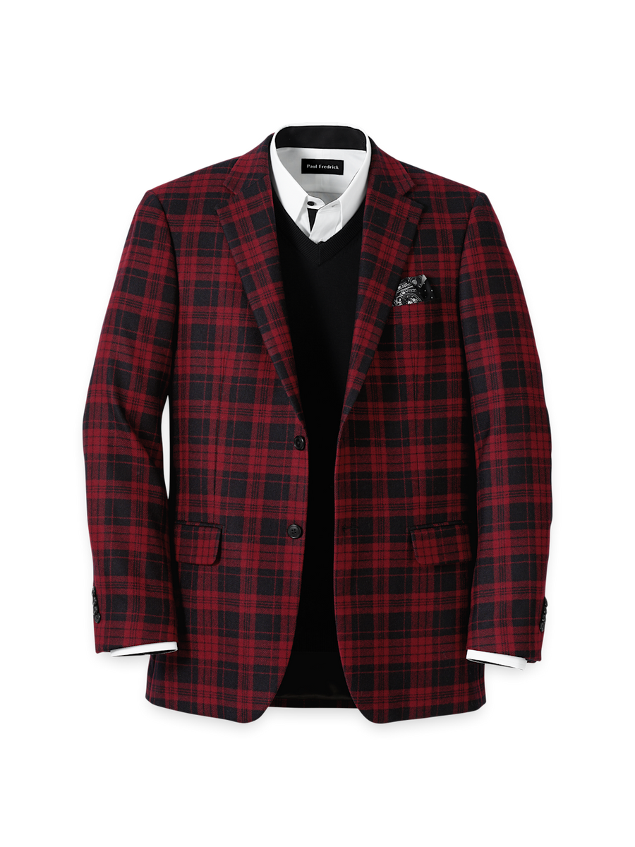 Wool Plaid Single Breasted Notch Lapel Sport Coat - Black/red