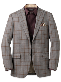 Wool Windowpane Single Breasted Peak Lapel Sport Coat - Grey/brown