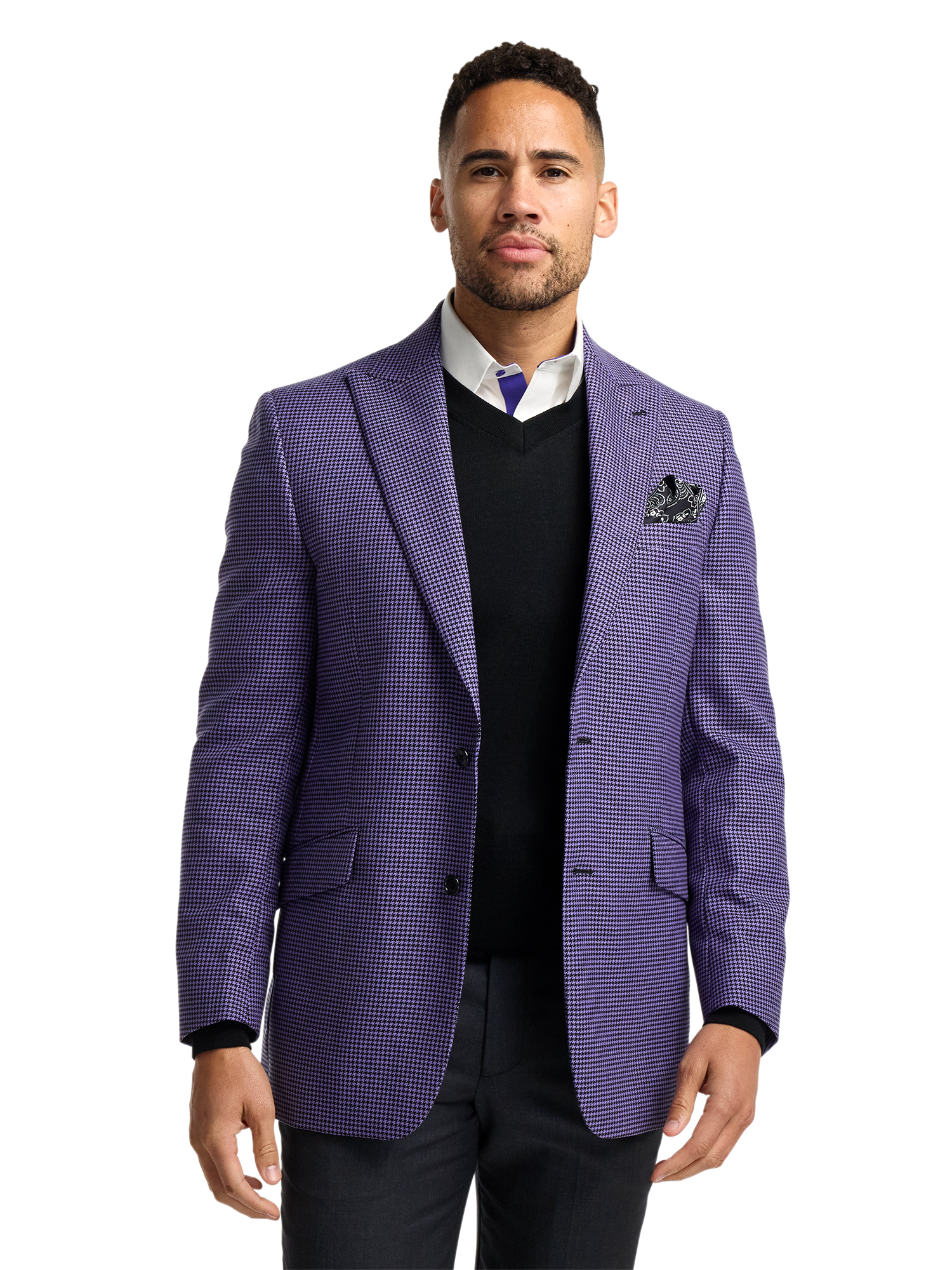 Wool Houndstooth Single Breasted Peak Lapel Sport Coat - Purple
