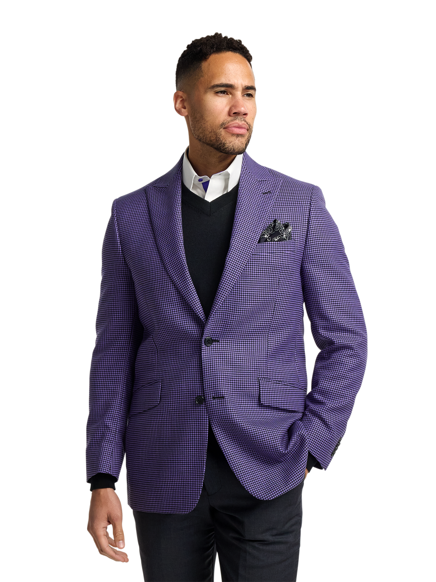 Wool Houndstooth Single Breasted Peak Lapel Sport Coat - Purple
