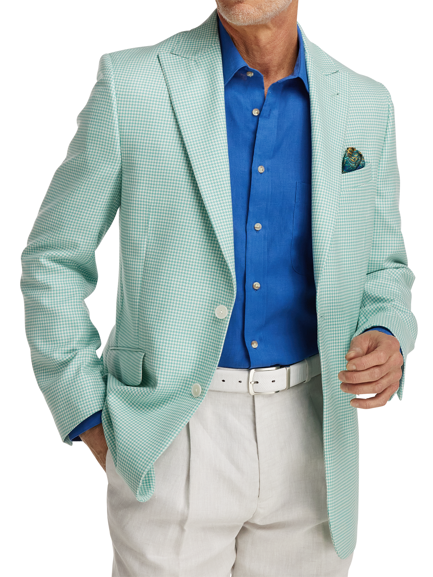 Wool Houndstooth Single Breasted Peak Lapel Sport Coat - Aqua