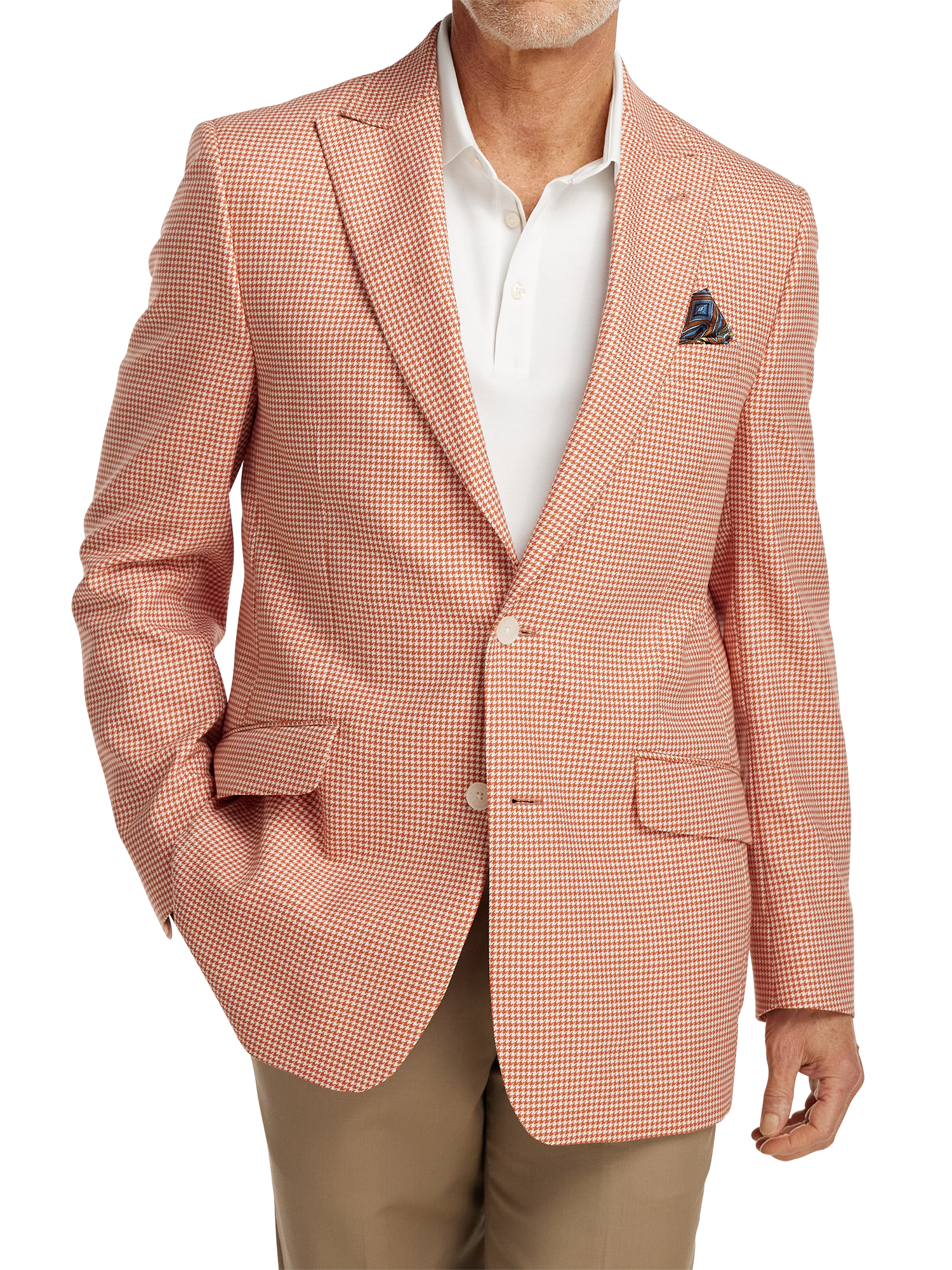 Wool Houndstooth Single Breasted Peak Lapel Sport Coat - Melon