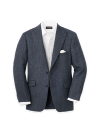 Wool Herringbone Single Breasted Peak Lapel Sport Coat - Navy