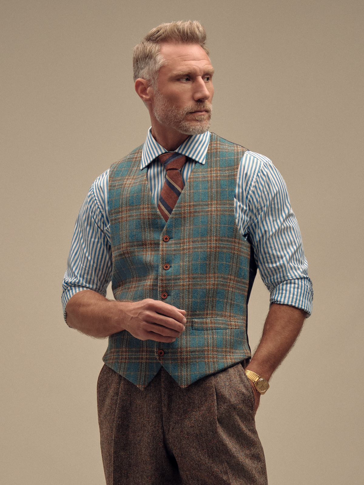 Tweed Plaid Vest - Turquoise/Khaki