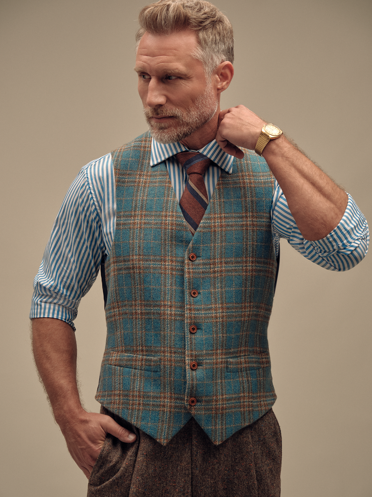 Tweed Plaid Vest - Turquoise/Khaki