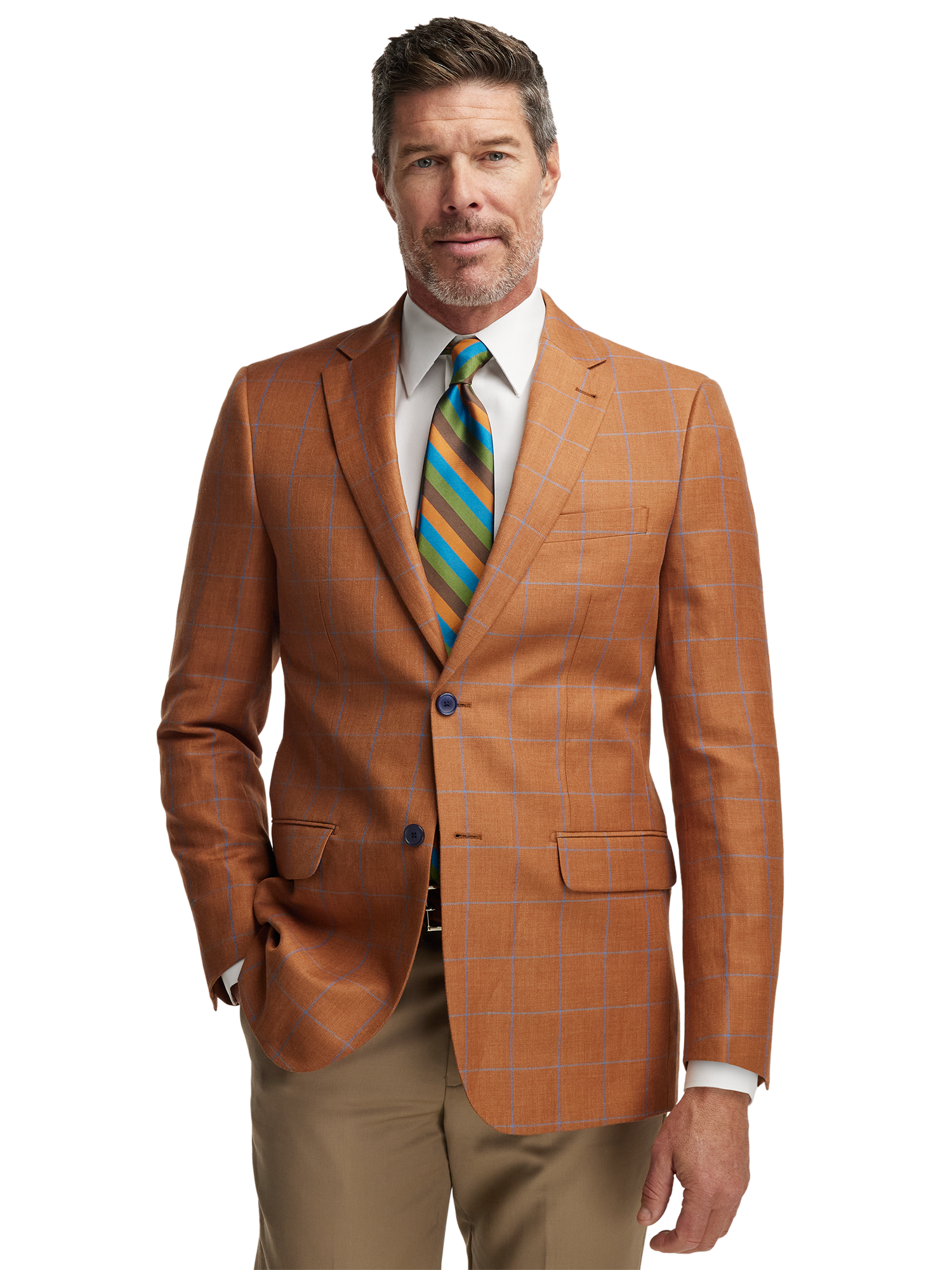 Linen Blend Windowpane Single Breasted Notch Lapel Sport Coat - Rust