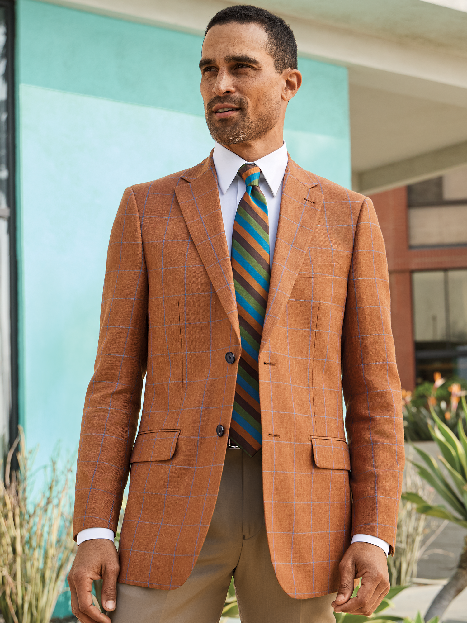 Linen Blend Windowpane Single Breasted Notch Lapel Sport Coat - Rust