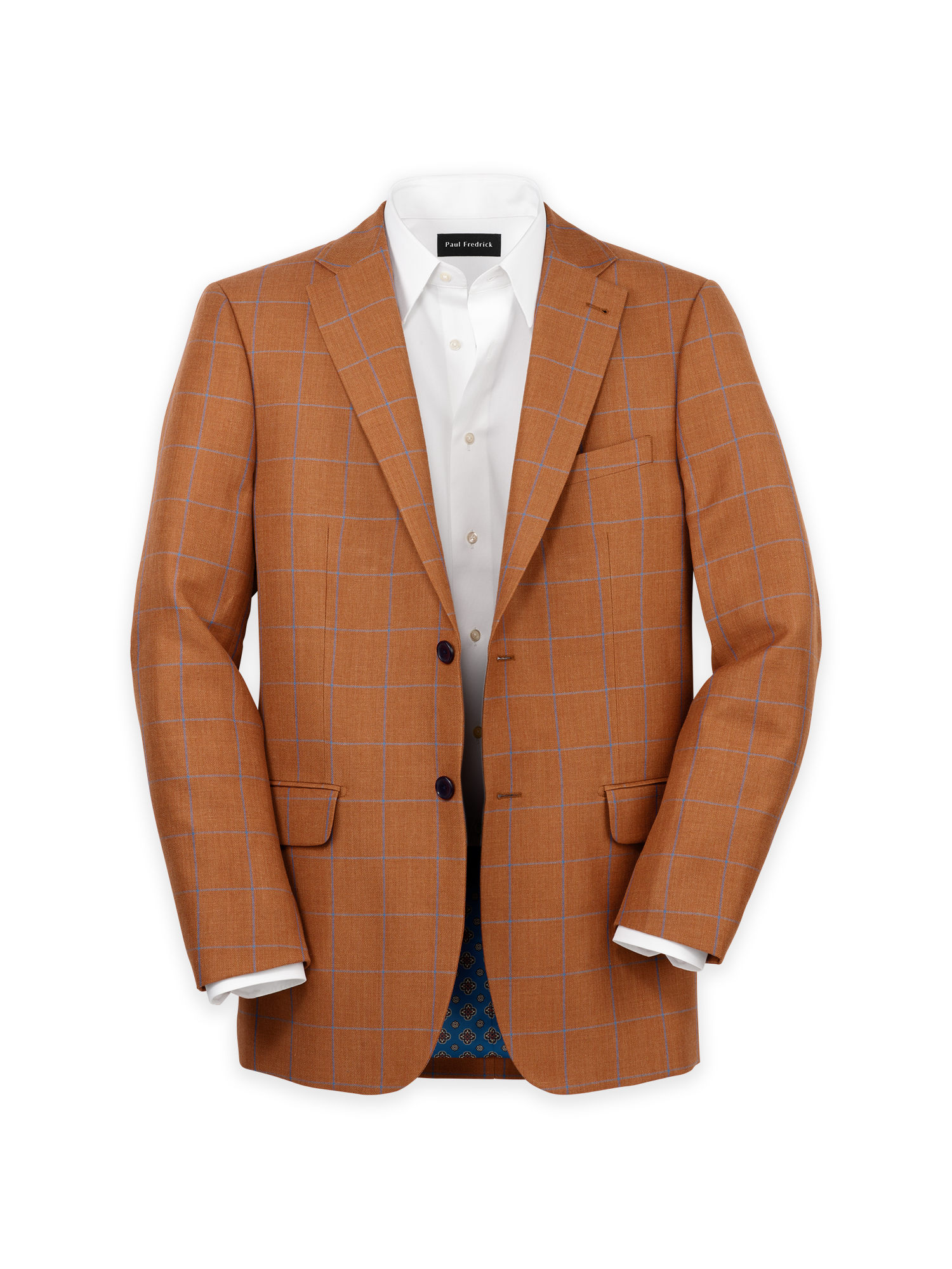 Linen Blend Windowpane Single Breasted Notch Lapel Sport Coat - Rust