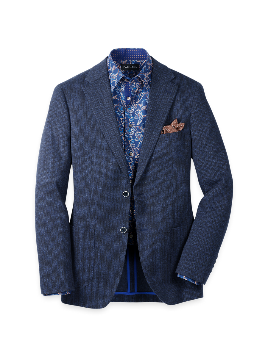 Blue Knit Herringbone Single Breasted Notch Lapel Sport Coat