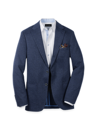 Blue Knit Plaid Single Breasted Notch Lapel Sport Coat - Blue