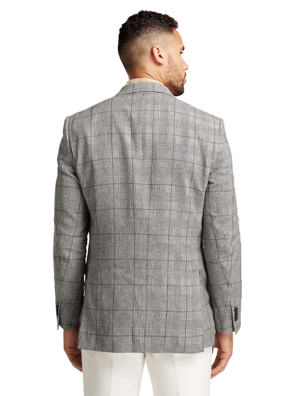 Linen Blend Plaid Double Breasted Peak Lapel Sport Coat Grey black Paul Fredrick