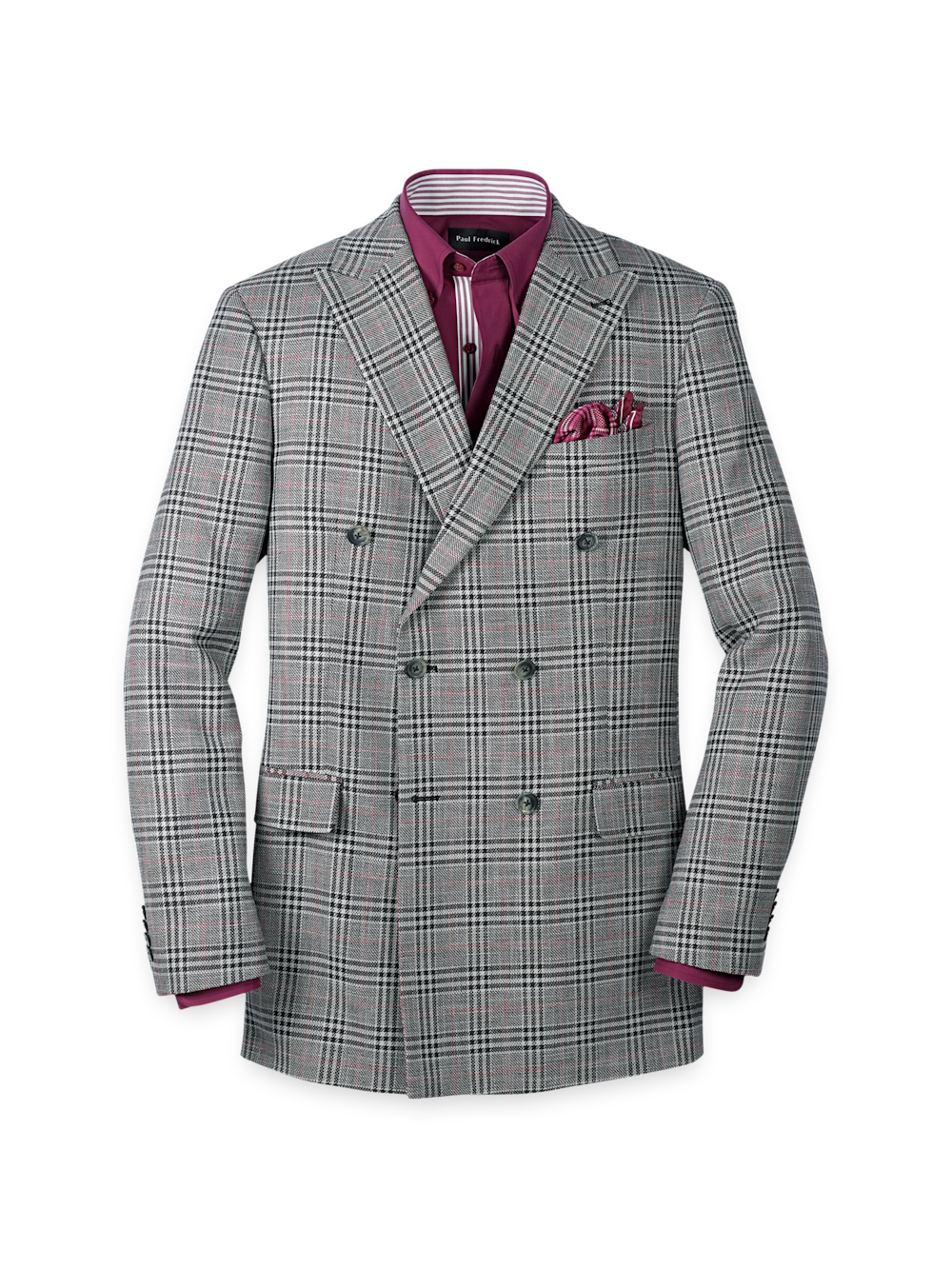Product Image of Black White Cotton Blend Plaid Double Breasted Peak Lapel Sport Coat-Black/White