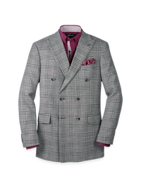 Black White Cotton Blend Plaid Double Breasted Peak Lapel Sport Coat - Black/white