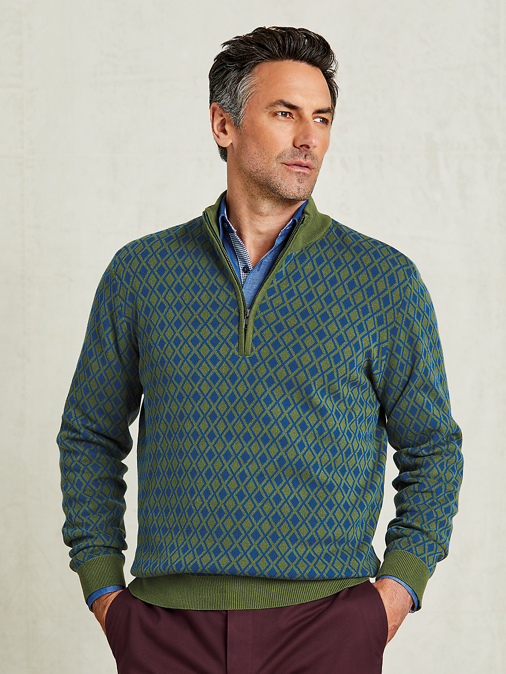 Cotton Quarter Zip Mock Neck Sweater - Olive – Paul Fredrick Cotton Quarter Zip Mock Neck Sweater - Olive – Paul Fredrick