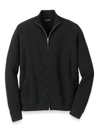 Cotton Full Zip Mock Neck Sweater - Black