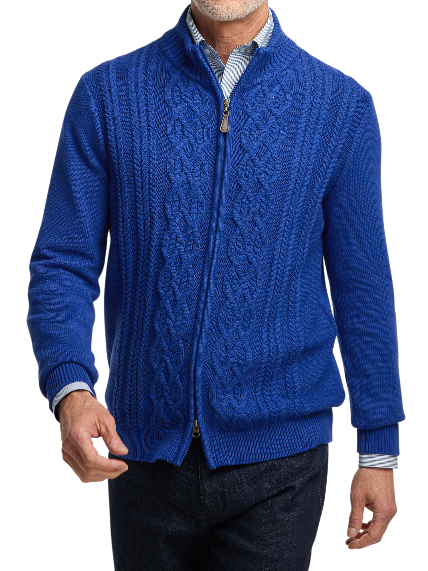 Cotton Cable Full Zip Mock Neck Sweater - Cobalt