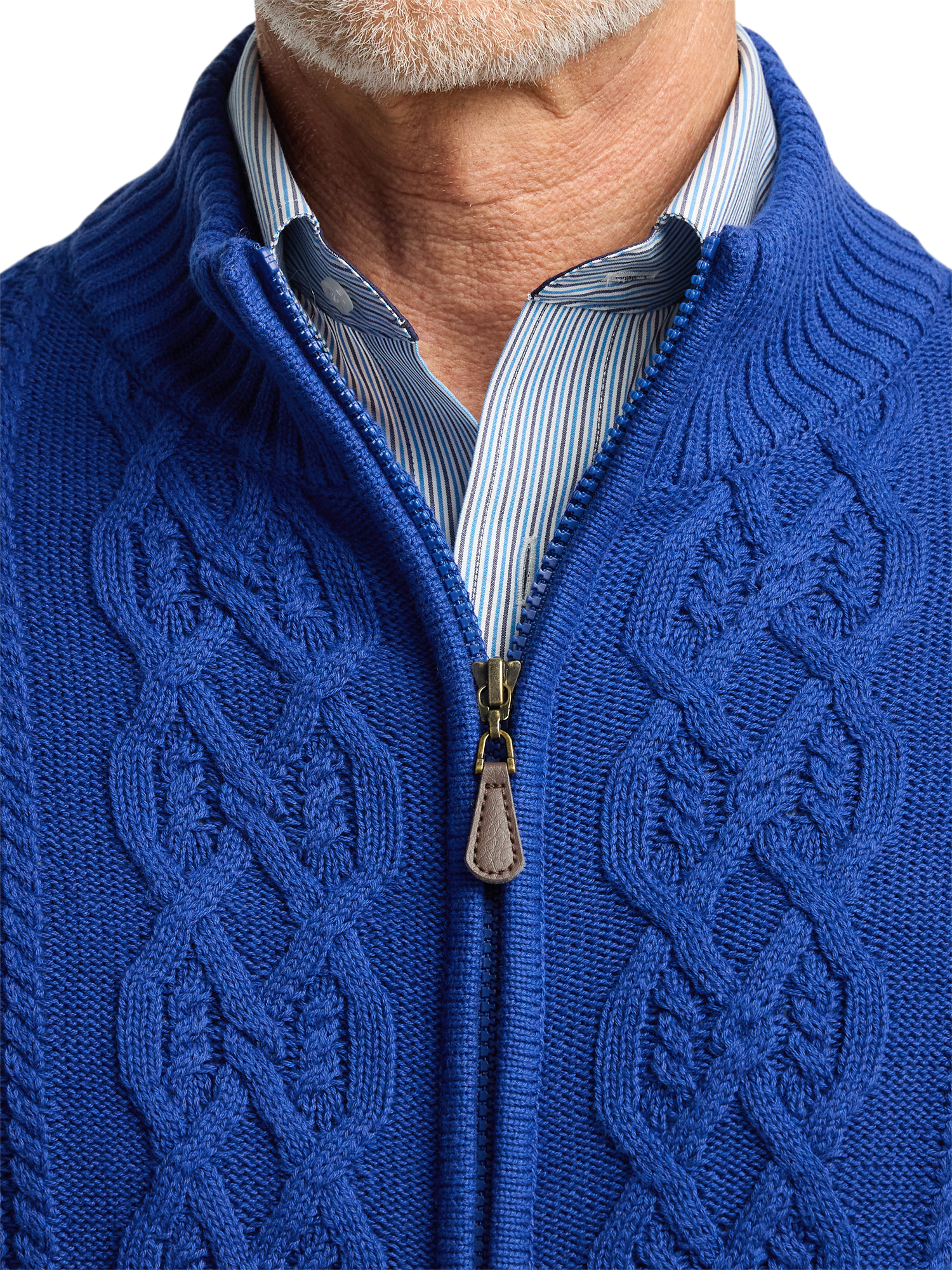 Cotton Cable Full Zip Mock Neck Sweater - Cobalt