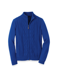 Cotton Cable Full Zip Mock Neck Sweater - Cobalt