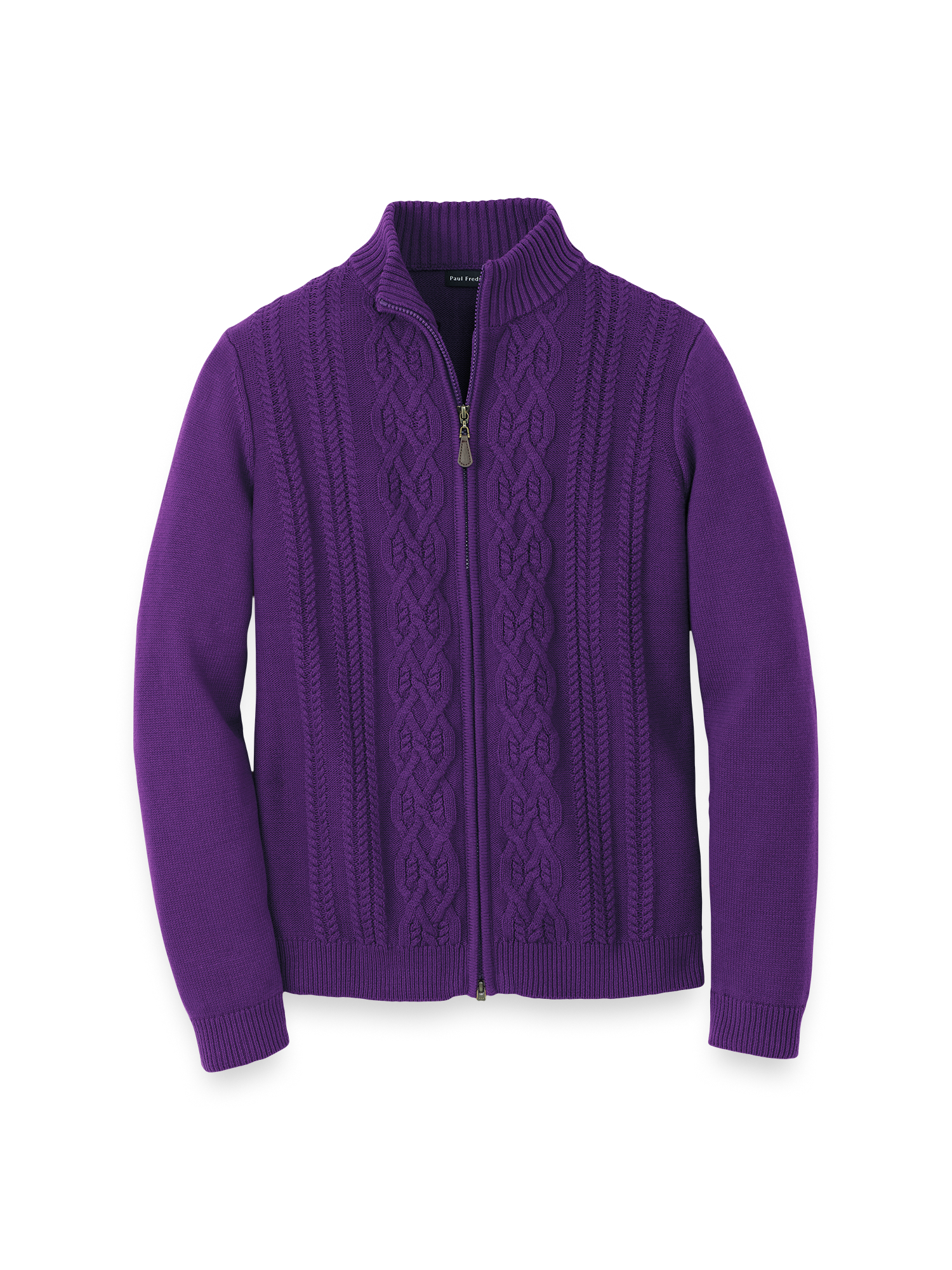 Cotton Cable Full Zip Mock Neck Sweater - Purple