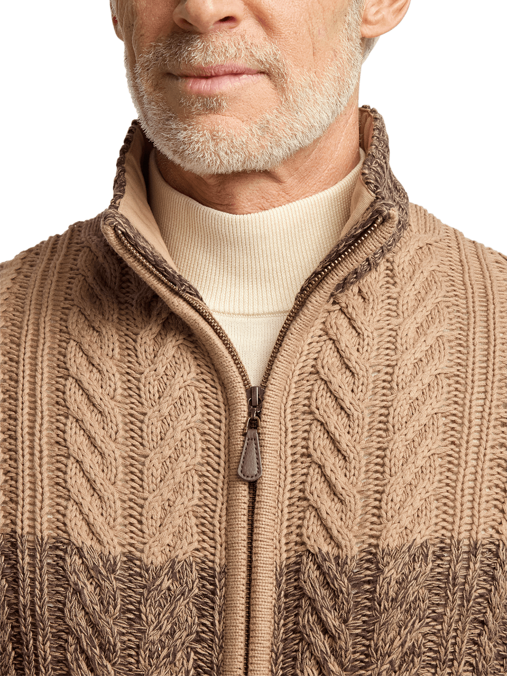Cotton Cable Full Zip Mock Neck Sweater - Brown – Paul Fredrick Cotton Cable Full Zip Mock Neck Sweater - Brown – Paul Fredrick