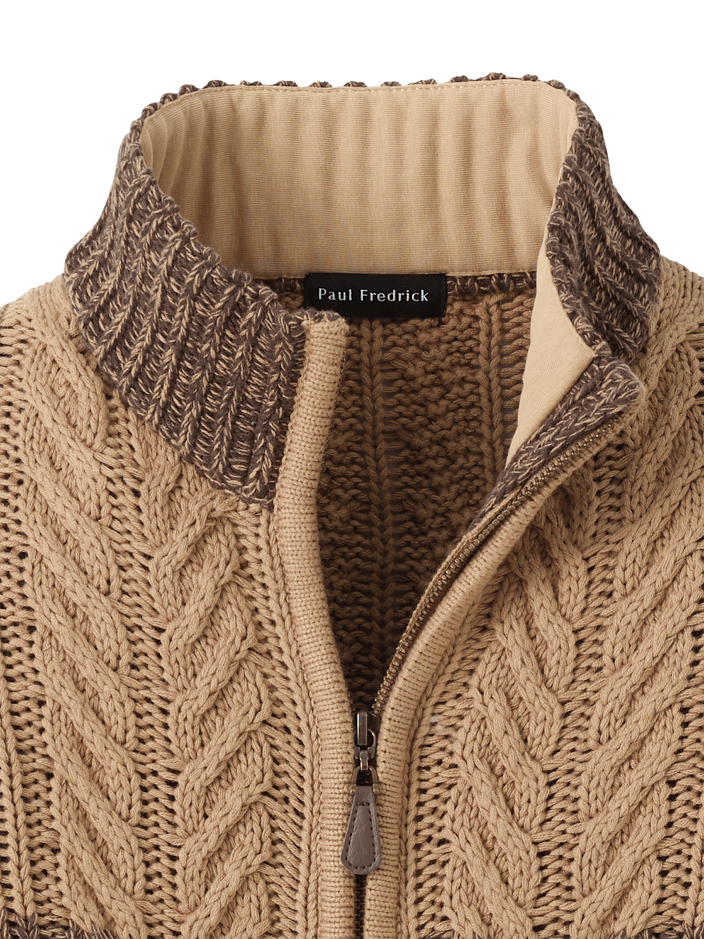 Cotton Cable Full Zip Mock Neck Sweater - Brown – Paul Fredrick Cotton Cable Full Zip Mock Neck Sweater - Brown – Paul Fredrick