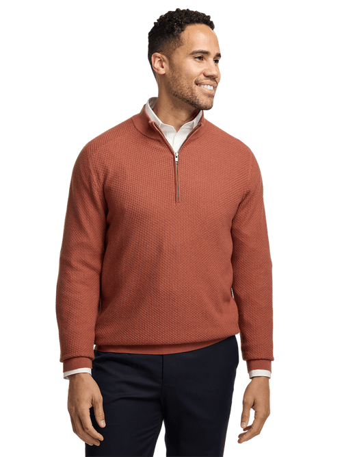 Silk Cotton Cashmere Quarter Zip Mock Neck Sweater - Terracotta